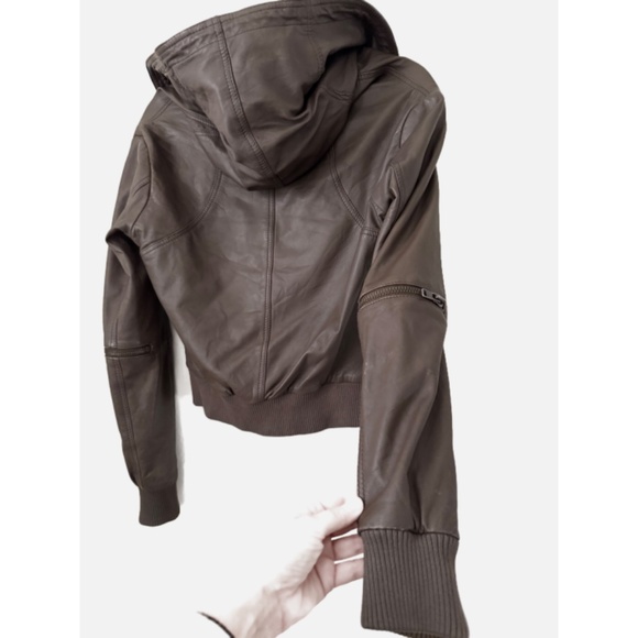All Saints Cobra Hooded Bomber Leather Jacket Brown S - Picture 5 of 9